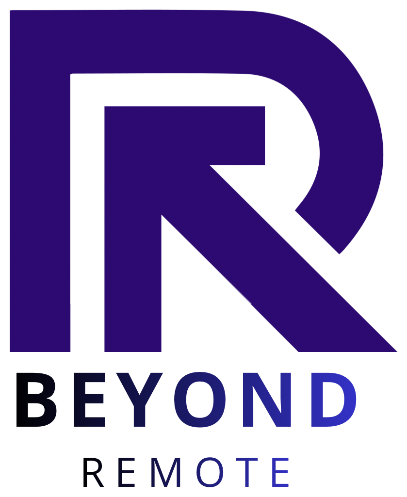 RemoteBeyond logo, purple R monogram with Beyond Remote wordmark on a white background